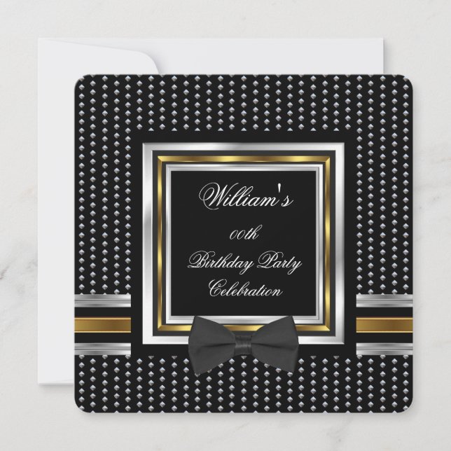 Black Bowtie Gold Silver Studs Birthday Party Invitation (Front)