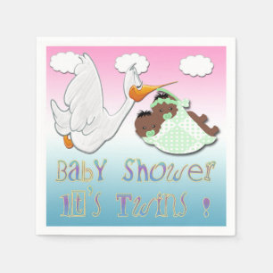 Black Boy & Girl Twins  - Stork Baby Shower Paper Napkin