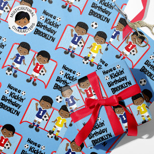Black Boy Soccer Birthday Personalised  Wrapping Paper
