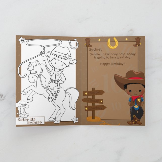 Black Boys Cowboy Colouring Page Happy Birthday Card (Inside)