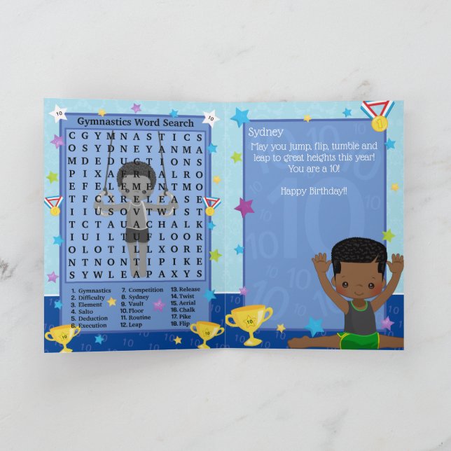 Black Boys Gymnastics Word Search Happy Birthday Card (Inside)