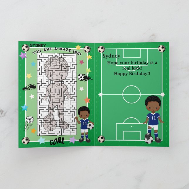Black Boys Soccer You're A-Maze-ing Happy Birthday Card (Inside)