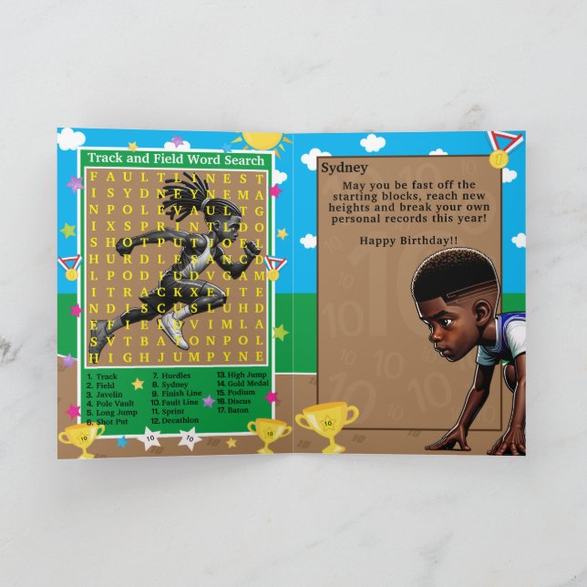 Black Boys Track Star Word Search Happy Birthday Card (Inside)