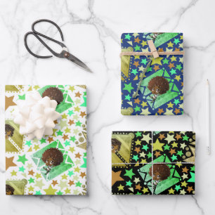 Black Boys with Stars 3 Sets of Flat Wrapping Paper Sheet