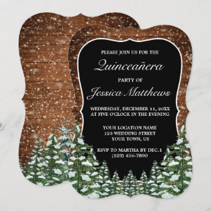 Black Bracket Snowy Forest & Wood Pine Quinceañera Invitation