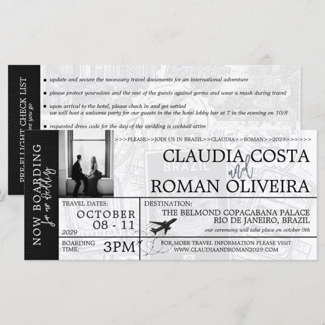 Black Brazil Wedding Boarding Pass (Front/Back)