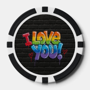 Black Brick Wall with Graffiti “I Love You!” Poker Chips