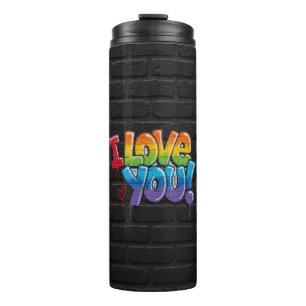 Black Brick Wall with Graffiti “I Love You!” Thermal Tumbler