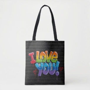 Black Brick Wall with Graffiti “I Love You!” Tote Bag