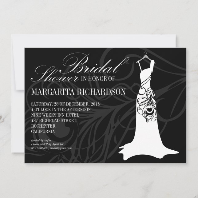 black bridal shower invitations with wedding dress (Front)