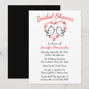 Black Bridal Shower Lovebirds & Red Heart Wedding Invitation