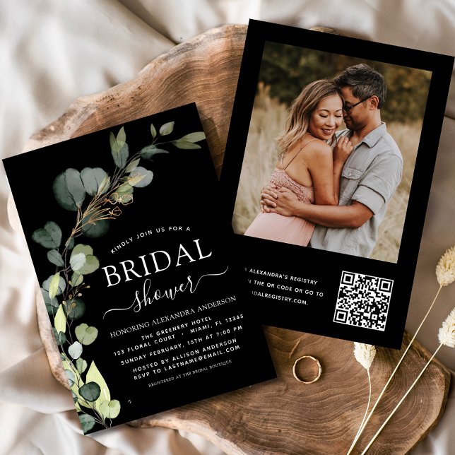 Black Bridal Shower QR Code Photo Eucalyptus Invitation (Creator Uploaded)