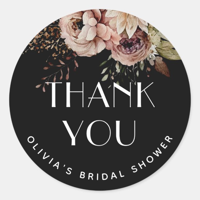 Black Bridal Shower Thank You. Elegant Fall Floral Classic Round Sticker (Front)