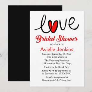 Black Bridal Shower Typography Red Love Heart Invitation
