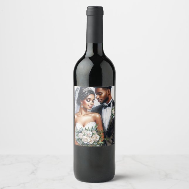 Black Bride and Groom Afro Wedding Wine Label (Front)