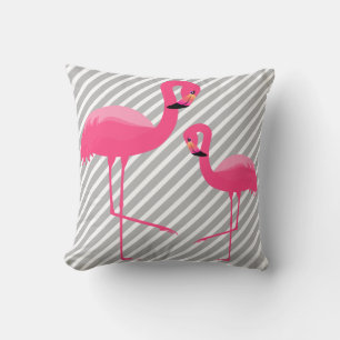 BLACK BRIGHT PINK FLAMINGO White Gray Stripe Cushion