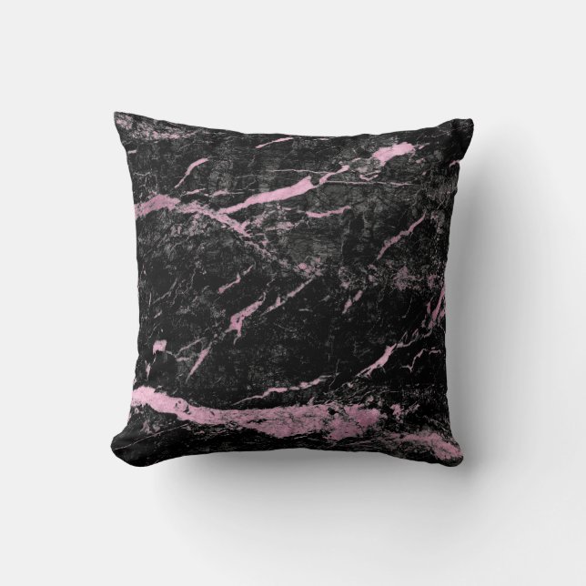 Black Bright Pink Rose Gold Abstract Marble Glam Cushion (Front)