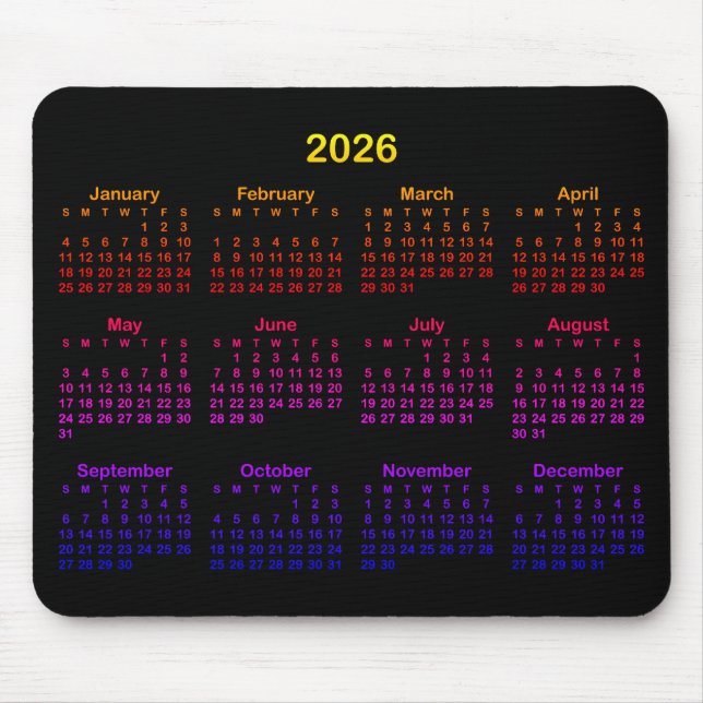 Black Bright Rainbow Gradient 2026 Calendar Mouse Pad (Front)