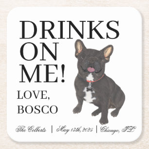 Black Brindle Frenchie French Bulldog Wedding Square Paper Coaster