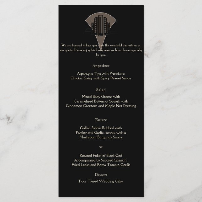Black Bronze Art Deco Tower Wedding Menu (Front)