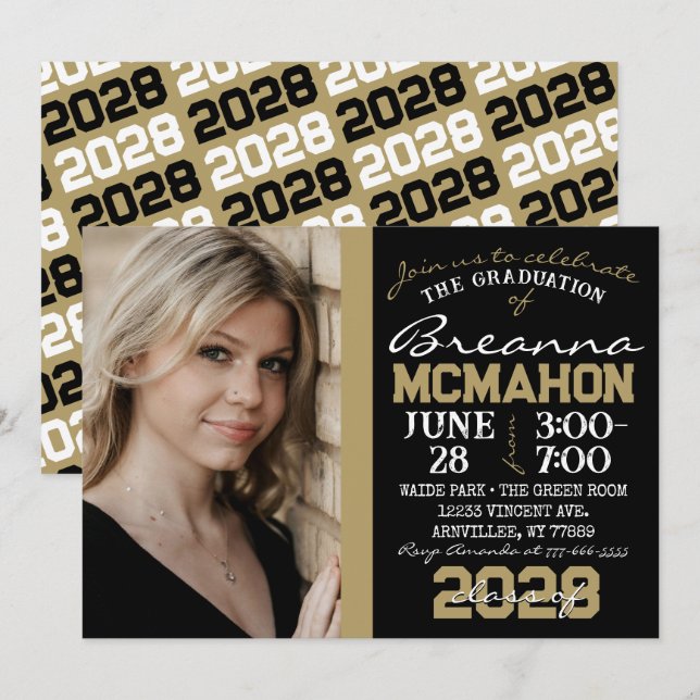 Black & Bronze Gold Graduation Photo Invitation (Front/Back)