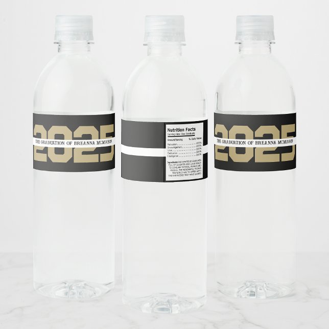 Black & Bronze Gold Personalised Graduation Water Bottle Label (Creator Uploaded)