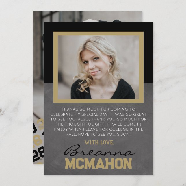 Black & Bronze Graduation 2 Photo Thank You Card (Front/Back)