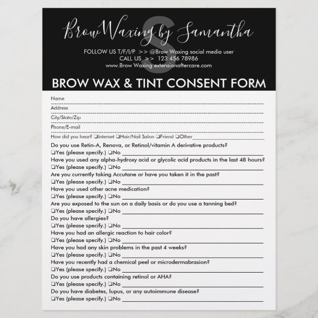 Black Brow Wax Tint Customer Consent Waiver Form Flyer (Front)