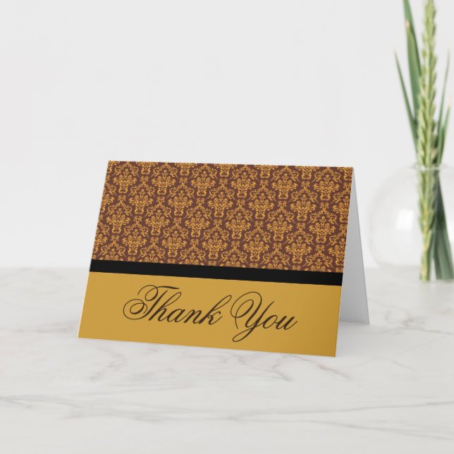 Black Brown and Gold Badge Damask Thank you Card (Front)