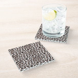Black Brown and White Leopard Print  Glass Coaster
