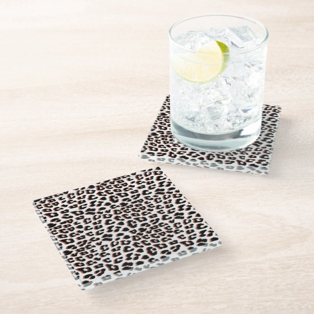 Black Brown and White Leopard Print  Glass Coaster (Angled)
