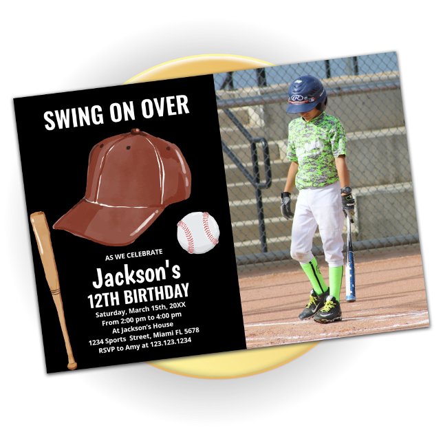Black Brown Baseball Birthday Invitations w photo (Creator Uploaded)