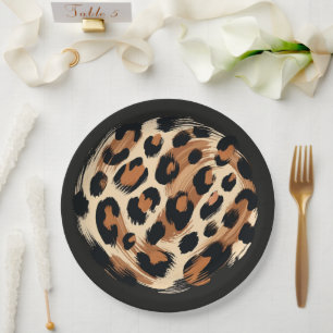 Black Brown Cream Painted Leopard Animal Print Paper Plate