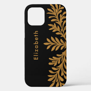 Black Brown Floral Leaves Custom Name Persoalized iPhone 12 Pro Case