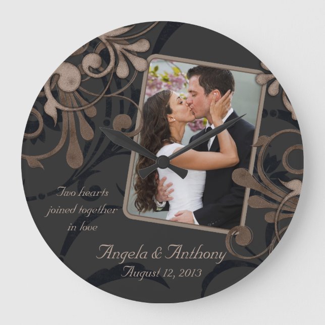 Black Brown Floral Personalised Photo Template Large Clock (Front)