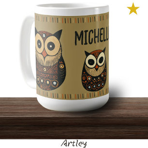 Black Brown Folk Art Owl Custom Name  Coffee Mug