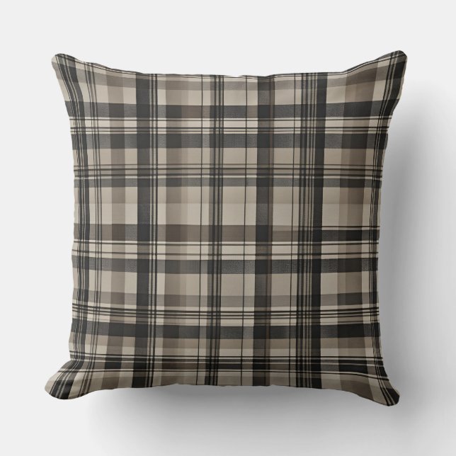 Black Brown Grey Farmhouse Plaid Cushion (Front)
