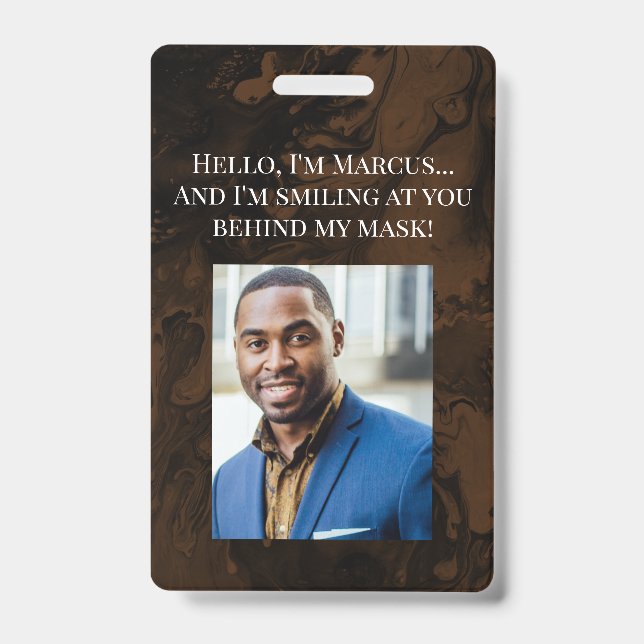 Black & Brown Marble Hello Behind the Mask ID Badge (Front)