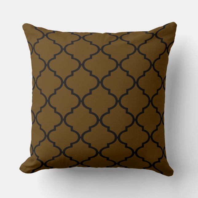 Black Brown Moroccan Quatrefoil Pattern Pillow (Front)