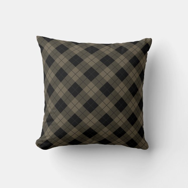 Black Brown Plaid Check Vintage Throw Pillow (Front)