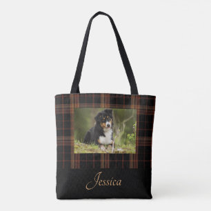 Black & Brown Stylish Plaid with Name Pet Photo Tote Bag