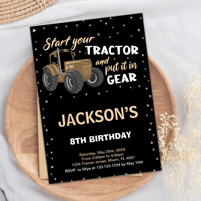 Black Brown Tractor Birthday Invitations (Black Brown Tractor Birthday Invitations)