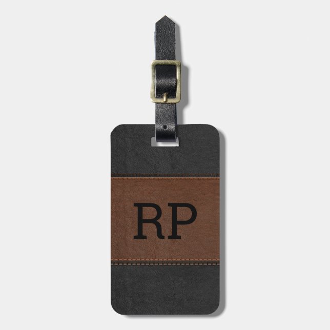 Black & Brown Vintage Leather Texture Luggage Tag (Front Vertical)