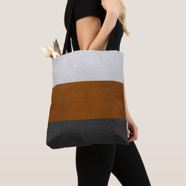 Black, Brown, White Faux Leather - Tote Bag (Close Up)