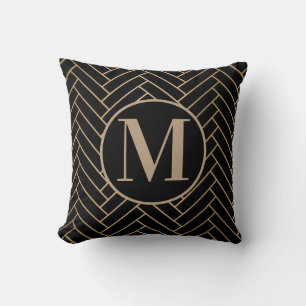 Black, Brownish & Gold Elegant Monogram Cushion