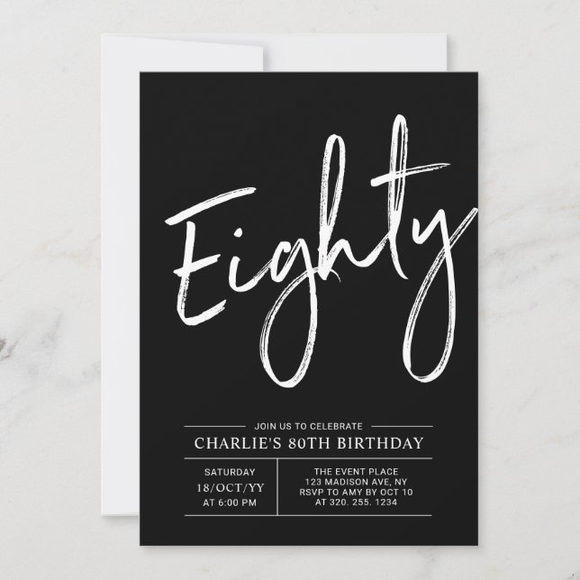 Black Brush Lettering Eighty 80th Birthday Party Invitation (Front)