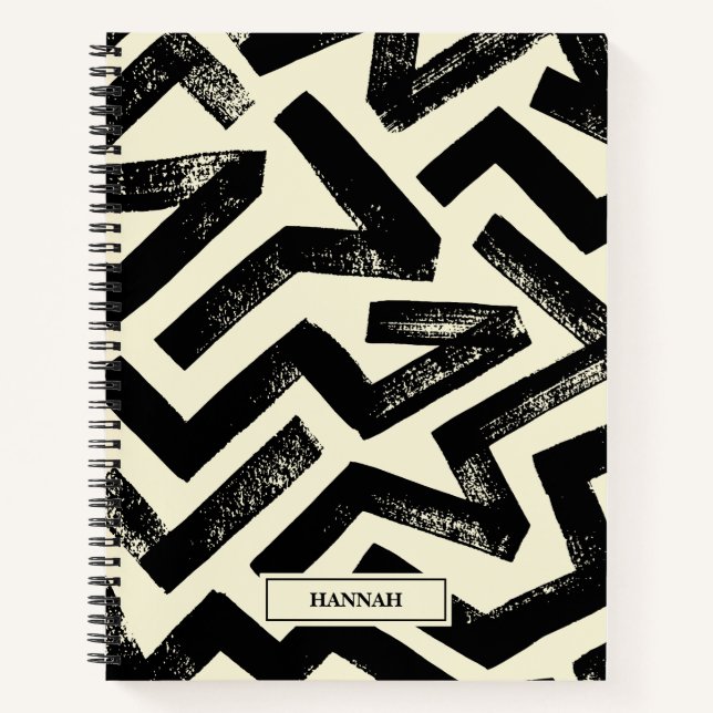 Black Brush Lines Geometric Pattern | Personalised Notebook (Front)