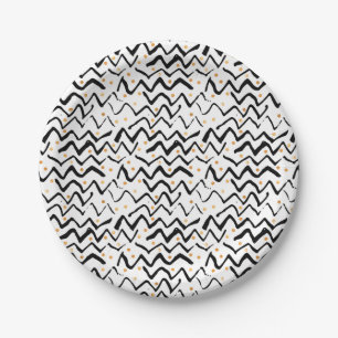 Black Brush Strokes & Dots Pattern Paper Plate