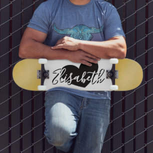 Black brush strokes on white heart and name  skateboard