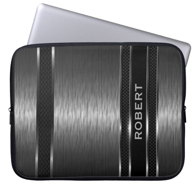 Black Brushed Aluminum Look Texture Laptop Sleeve (Front)